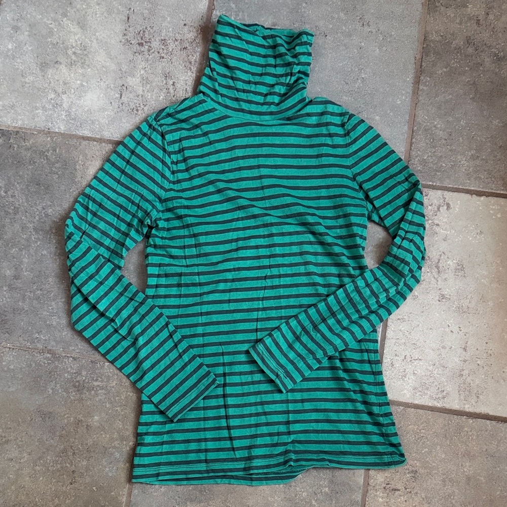 Green and Dark Grey Striped Turtleneck Top